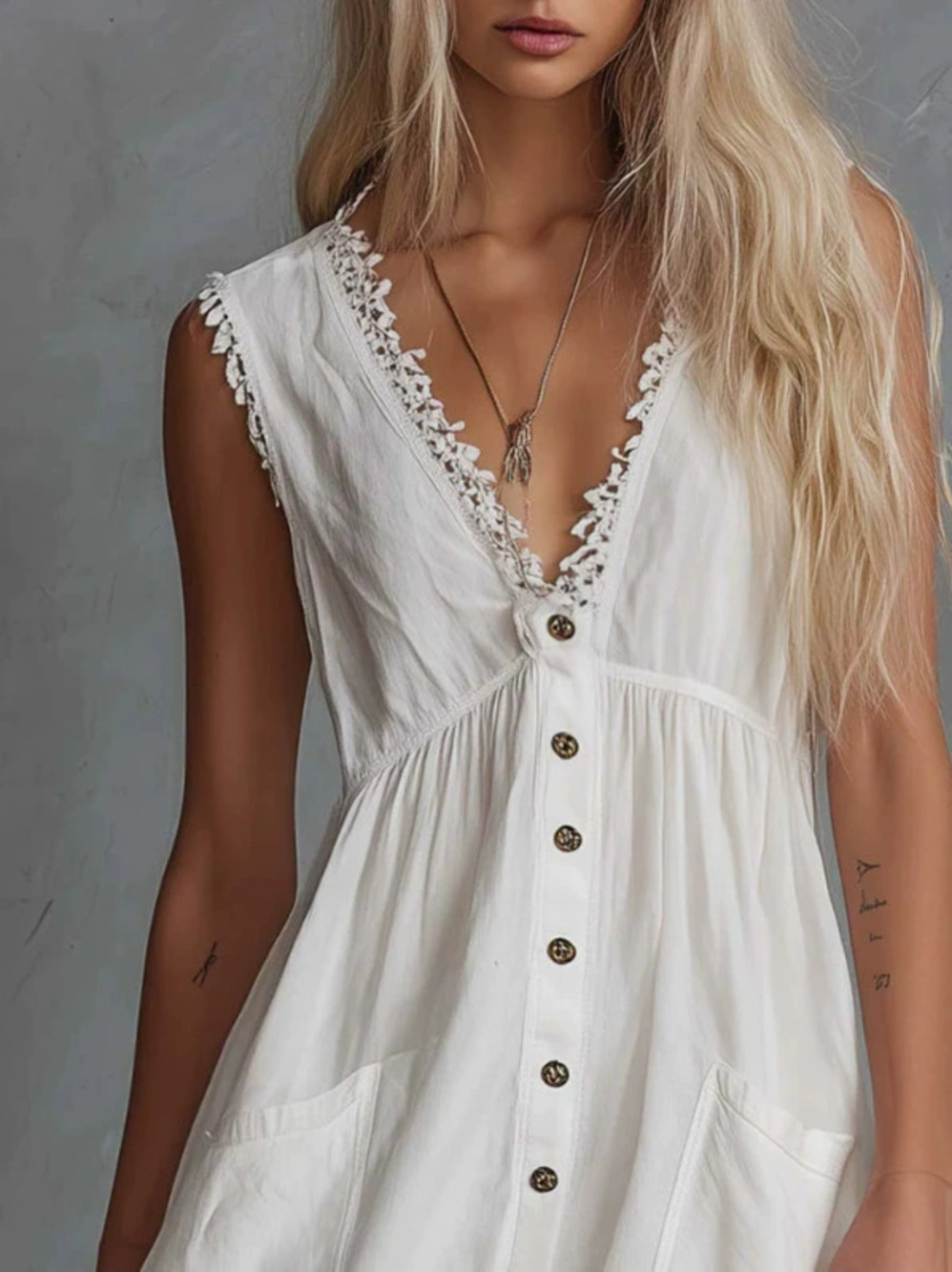H&M  Elegant Vintage Western Lace Trim Button Front White Cotton Mini Dress